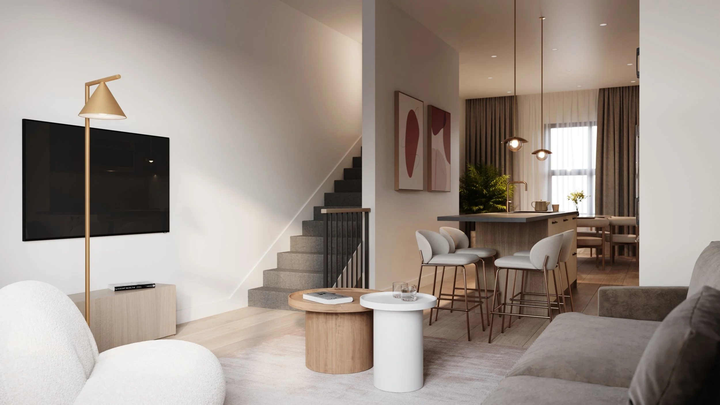 Wolff Street Townhomes living room and stair rendering