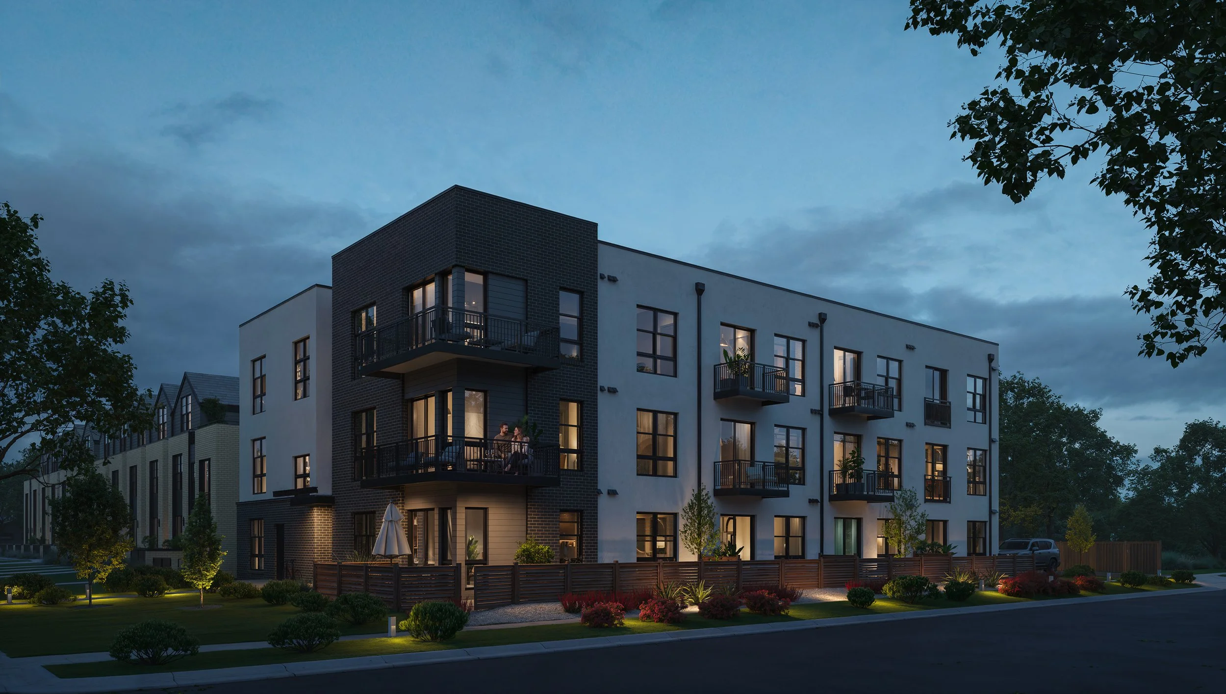 Wolff Street Flats exterior rendering at dusk