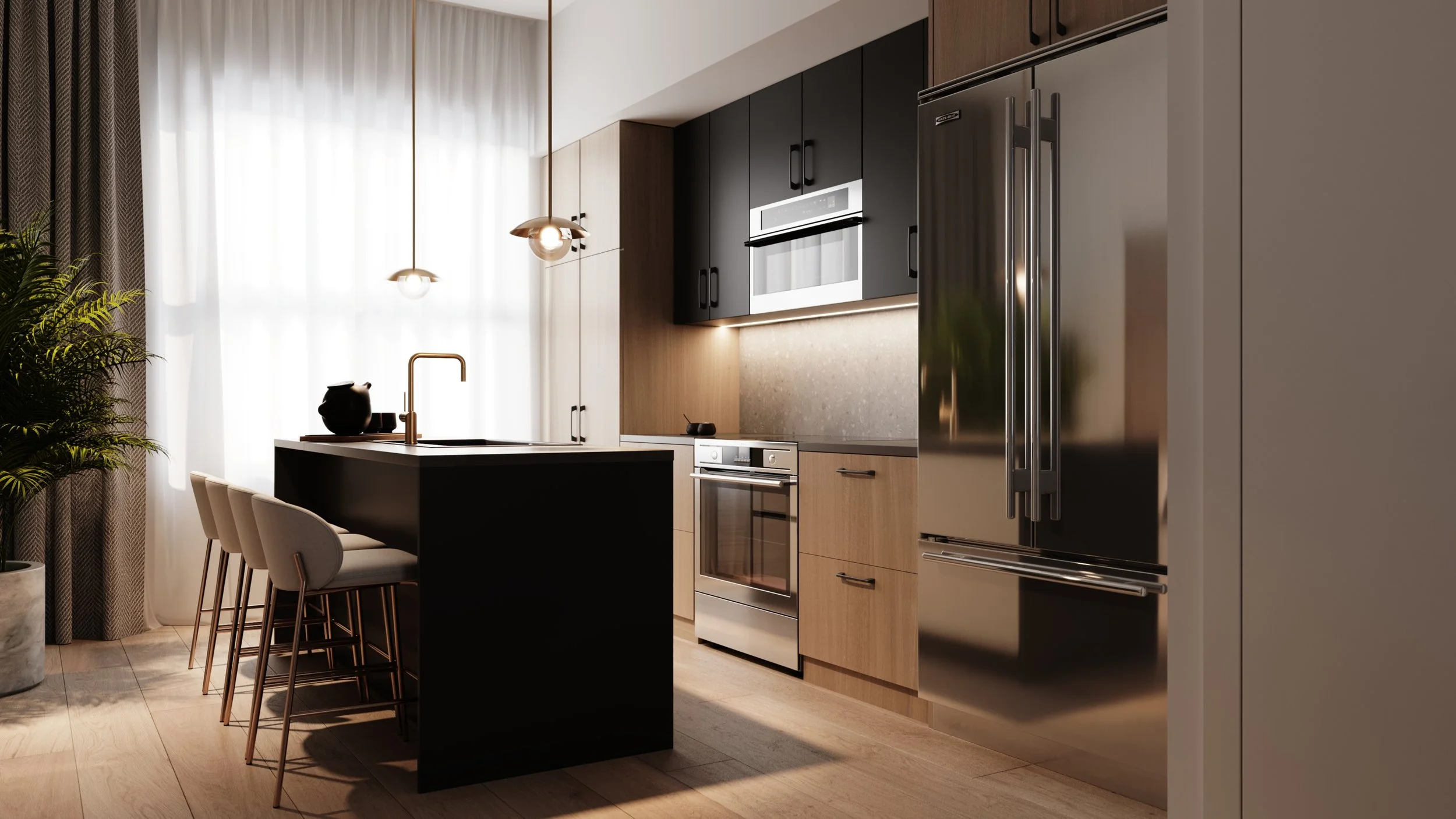 Wolff Street Townhomes kitchen rendering, dark finish palette