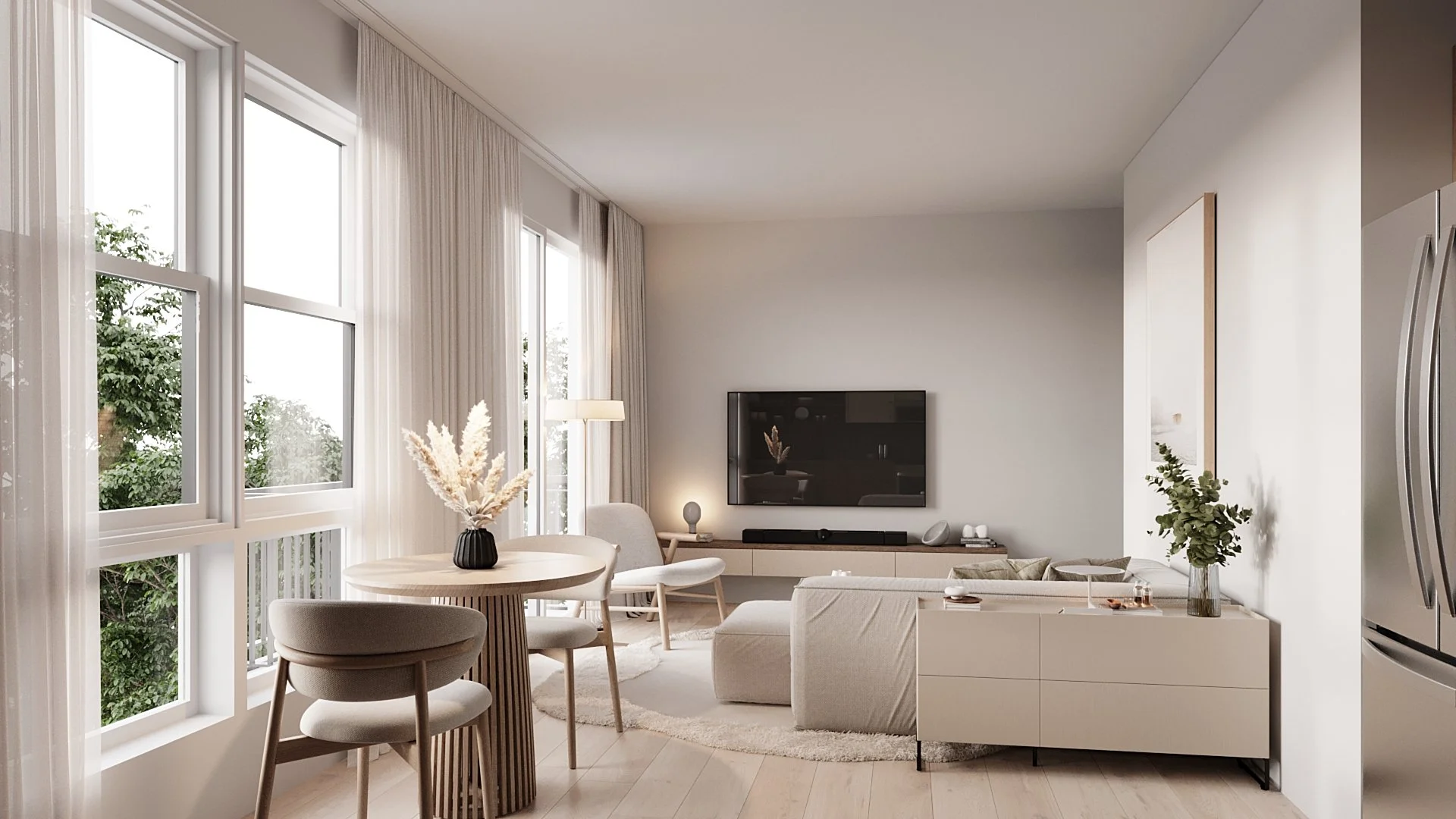 Wolff Street Flats living and dining rendering with corner windows