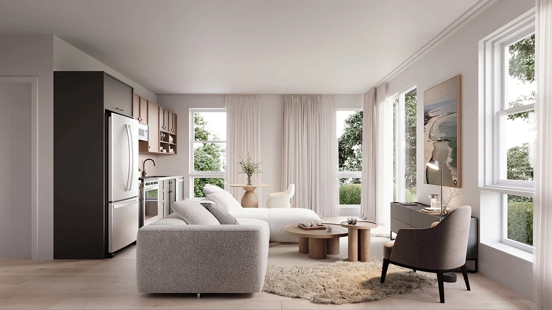 Wolff Street Flats condominium living room and kitchen rendering