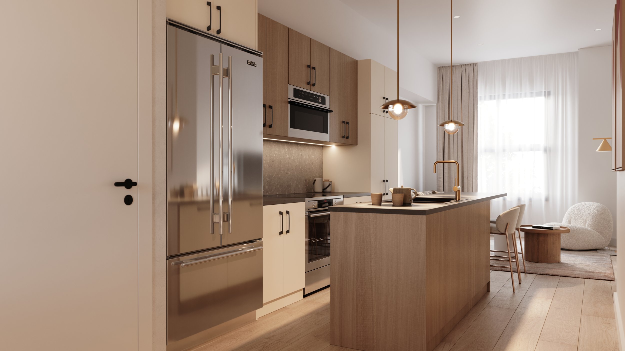 Wolff Street Townhomes kitchen rendering with light wood cabinetry