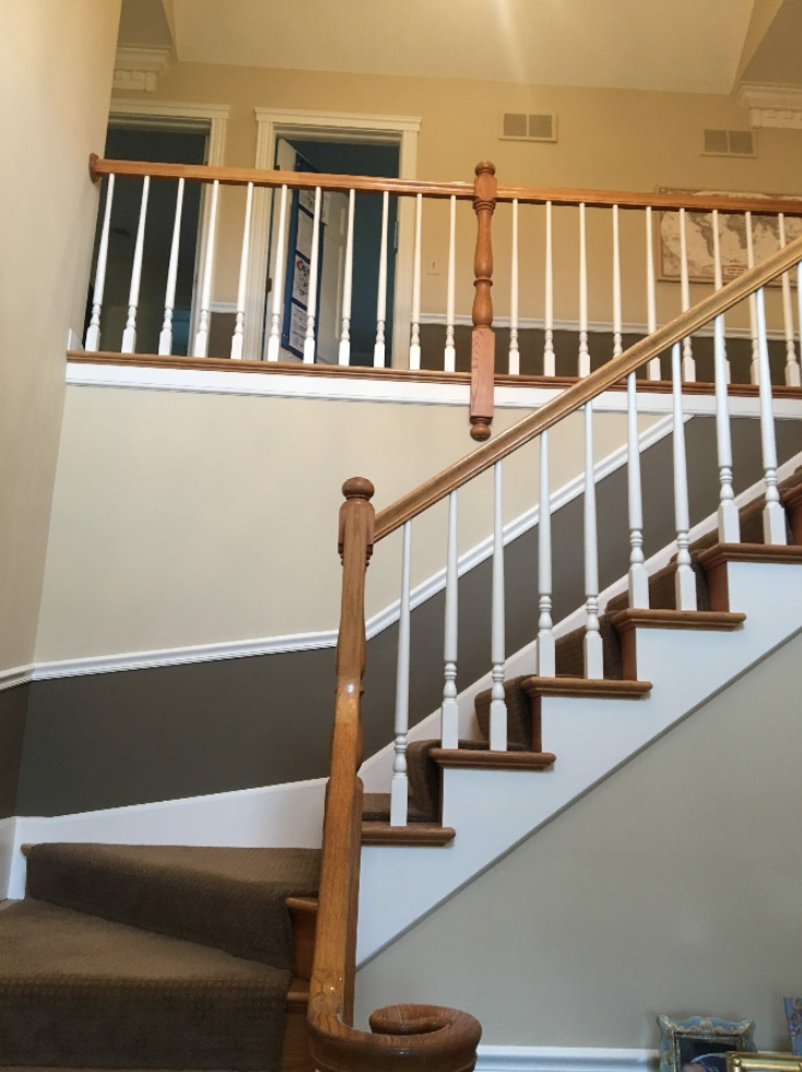 Before: Dated staircase can be transformed with a coat of fresh paint.