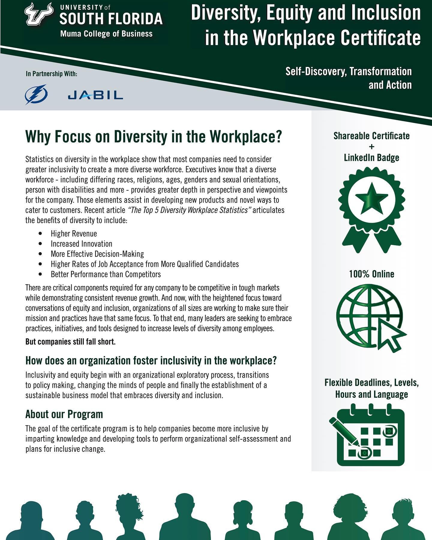 Diversity in the workplace is a topic of conversation that&rsquo;s more important ever. The USF Muma College of Business @usfmuma along with @tblightning and @jabilcircuit is offering a FREE virtual certification to learn more about what we allcan do