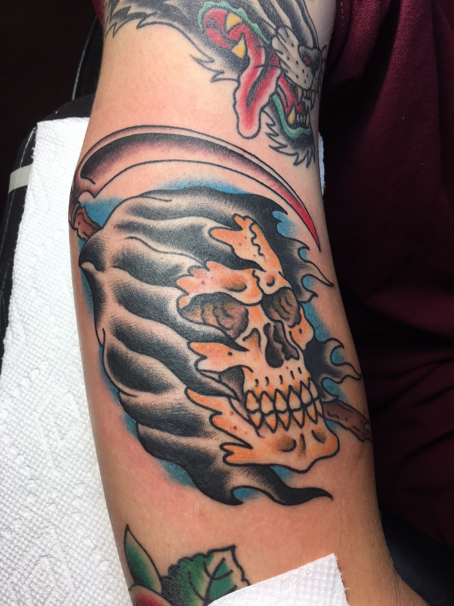 Skull tattoo in color by Brian Gattis at Southern Star Tattoo in Atlanta, Georgia