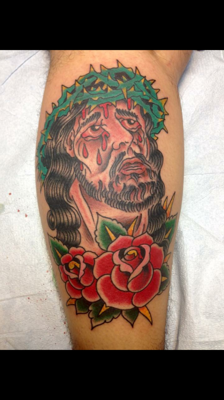 Jesus tattoo with roses by Brian Gattis at Southern Star Tattoo in Atlanta, Georgia