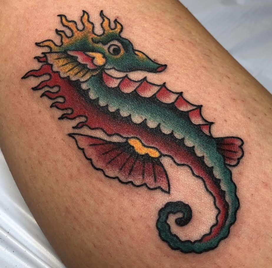 Seahorse tattoo in color by Brian Gattis at Southern Star Tattoo in Atlanta, Georgia