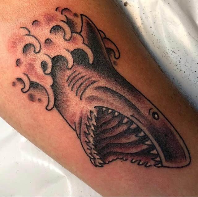 Black and grey shark tattoo by Brian Gattis at Southern Star Tattoo in Atlanta, Georgia