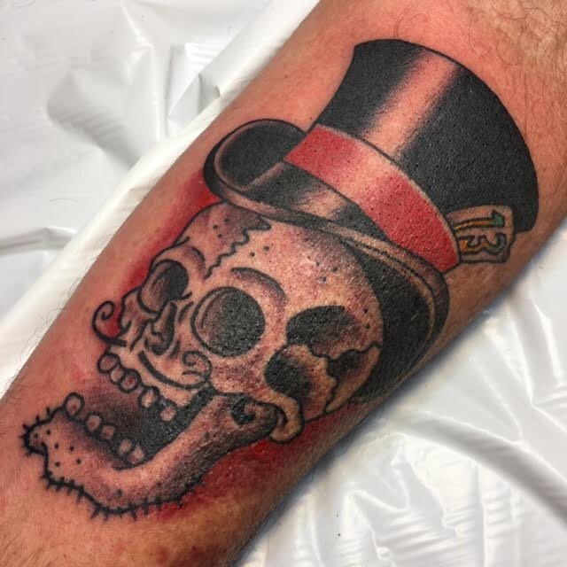 Lucky 13 skull tattoo with top hat by Brian Gattis at Southern Star Tattoo in Atlanta, Georgia