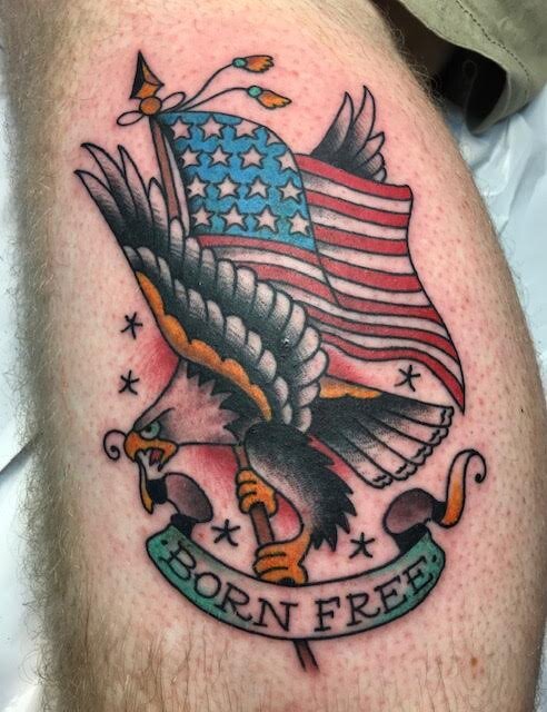 Traditional Americana born free eagle and american flag tattoo by Brian Gattis at Southern Star Tattoo in Atlanta, Georgia