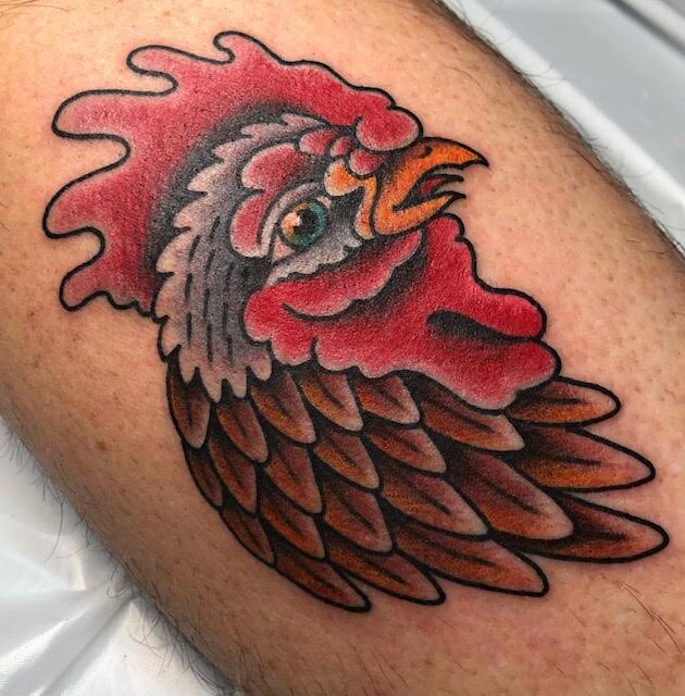 Bold rooster head tattoo in color by Brian Gattis at Southern Star Tattoo in Atlanta, Georgia