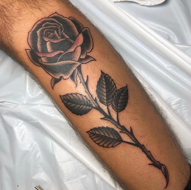 Rose tattoo in black and grey by Brian Gattis at Southern Star Tattoo in Atlanta, Georgia