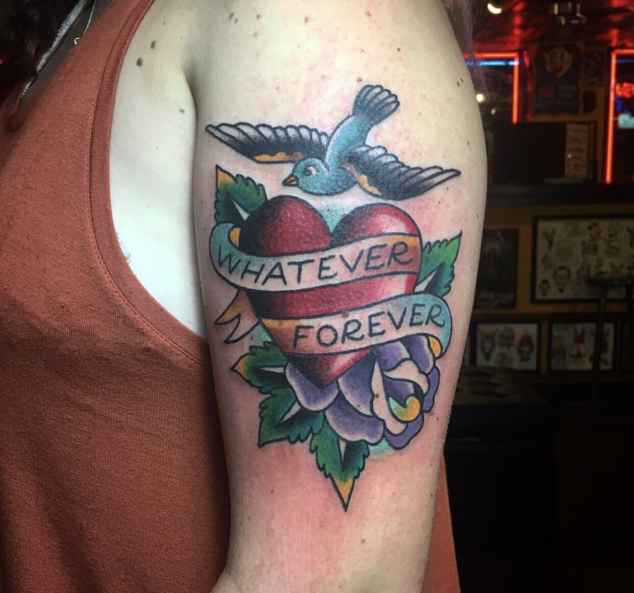 Whatever forever banner tattoo by Andrew Patch at Southern Star Tattoo in Atlanta, Georgia.