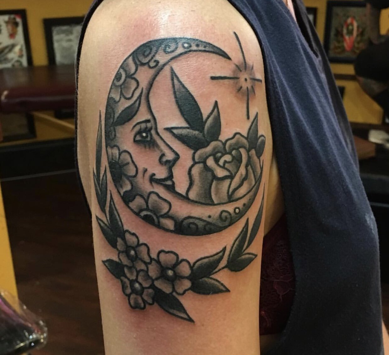 Crescent moon tattoo by Andrew Patch at Southern Star Tattoo in Atlanta, Georgia.
