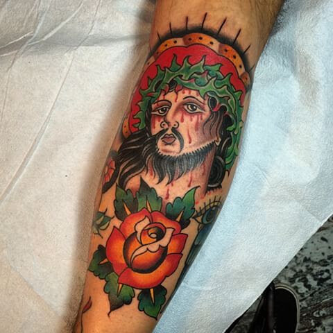 Traditional Jesus tattoo in color by Andrew Patch at Southern Star Tattoo in Atlanta, Georgia.