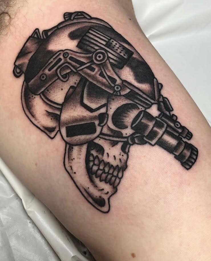Skull tattoo wearing tactical gear by Andrew Patch at Southern Star Tattoo in Atlanta, Georgia.