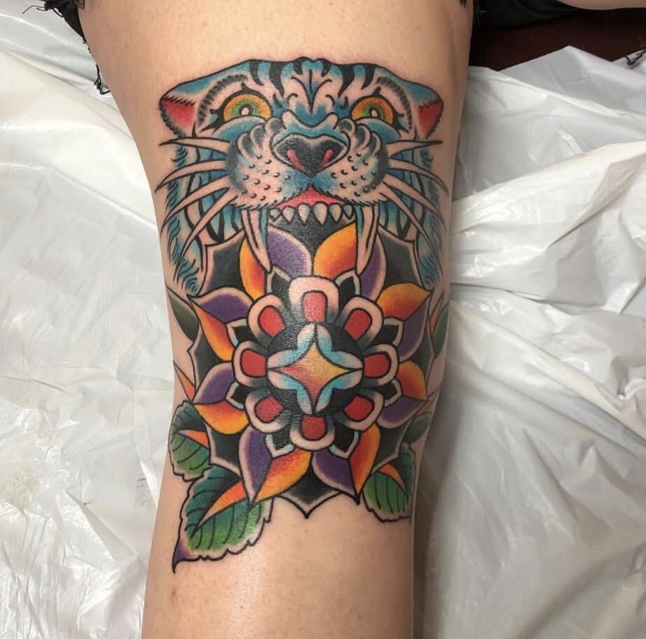 Color mandala tattoo by Andrew Patch at Southern Star Tattoo in Atlanta, Georgia.