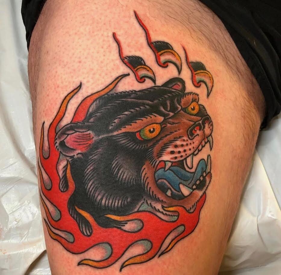 Bear tattoo with flames by Andrew Patch at Southern Star Tattoo in Atlanta, Georgia.