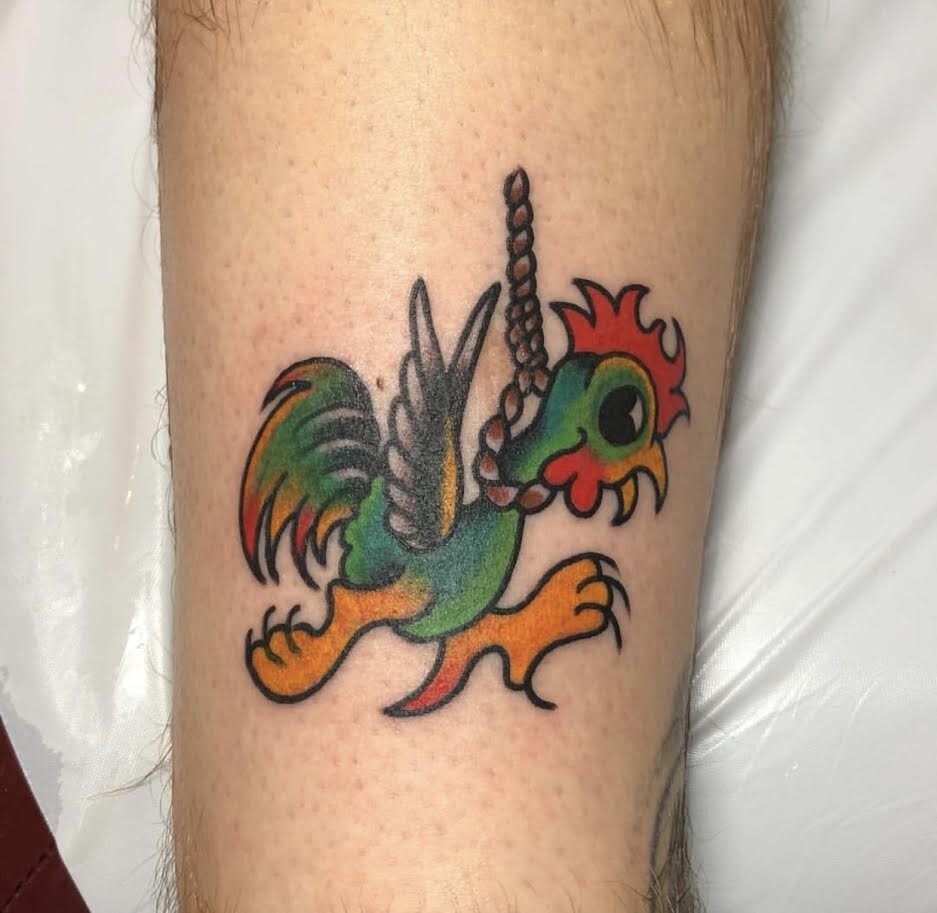 Rooster tattoo by Andrew Patch at Southern Star Tattoo in Atlanta, Georgia.
