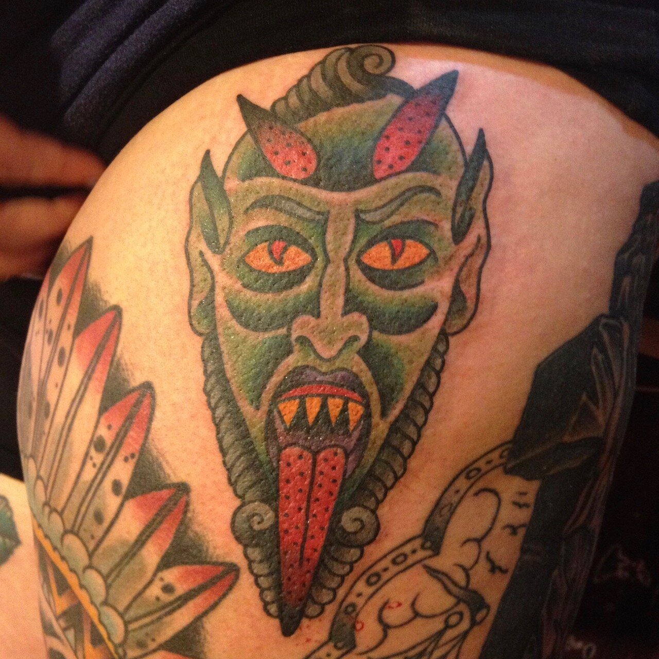 Devil head tattoo by Josh Hanes at Southern Star Tattoo in Atlanta, Georgia