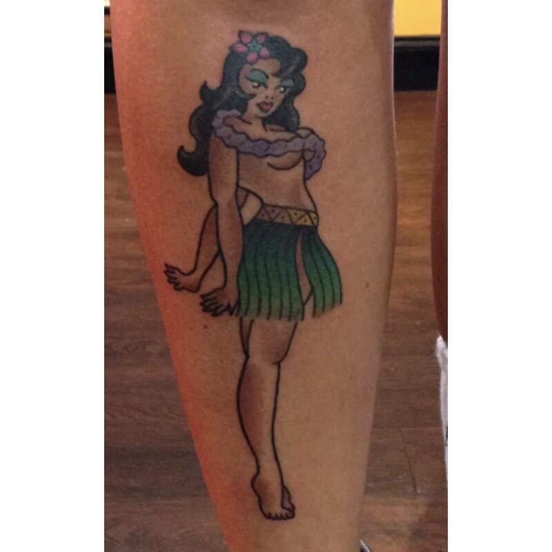 Hula pinup girl tattoo by Josh Hanes at Southern Star Tattoo in Atlanta, Georgia