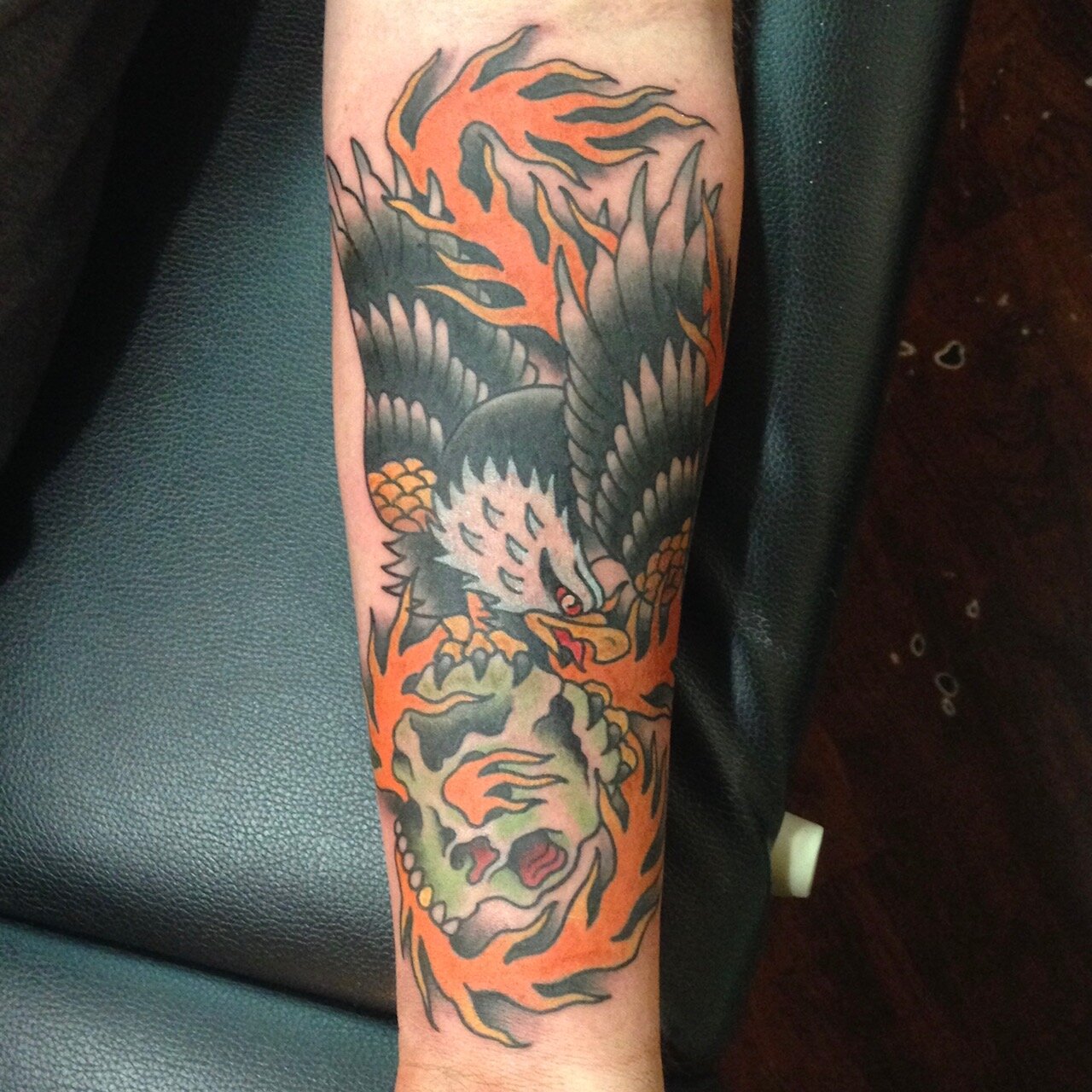 Eagle tattoo with flames by Josh Hanes at Southern Star Tattoo in Atlanta, Georgia