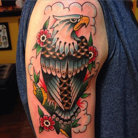 Traditional eagle tattoo in bold color by Bill Conner at Southern Star Tattoo in Atlanta, Georgia