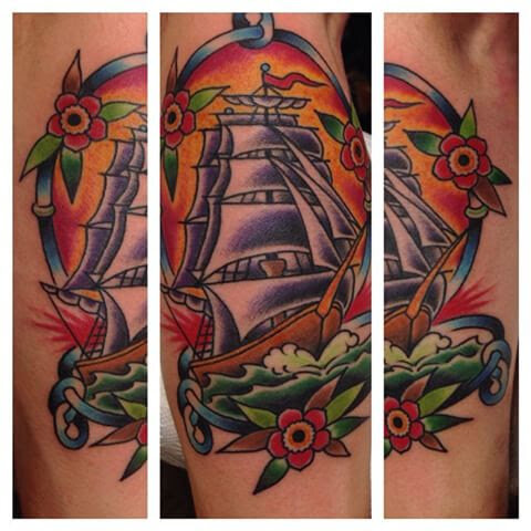 Traditional clippership tattoo in bold color by Bill Conner at Southern Star Tattoo in Atlanta, Georgia