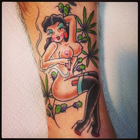 Weed pin up girl tattoo by Bill Conner at Southern Star Tattoo in Atlanta, Georgia