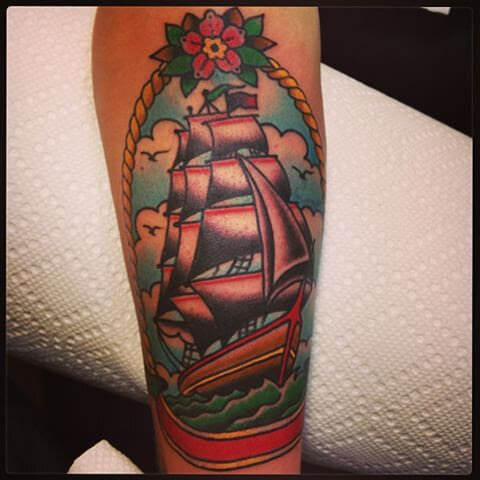 Traditional clippership tattoo by Bill Conner at Southern Star Tattoo in Atlanta, Georgia