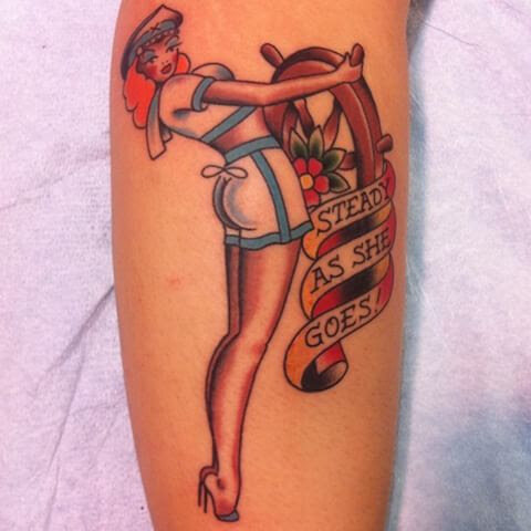 Navy style pin up girl tattoo by Bill Conner at Southern Star Tattoo in Atlanta, Georgia