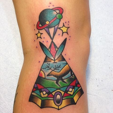 Teepee tattoo in traditional style by Bill Conner at Southern Star Tattoo in Atlanta, Georgia