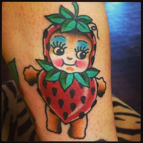 Strawberry costume tattoo by Bill Conner at Southern Star Tattoo in Atlanta, Georgia