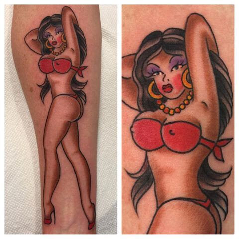 Pin up girl in bathing suit tattoo by Bill Conner at Southern Star Tattoo in Atlanta, Georgia