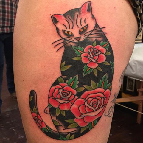 Cat tattoo with roses by Bill Conner at Southern Star Tattoo in Atlanta, Georgia