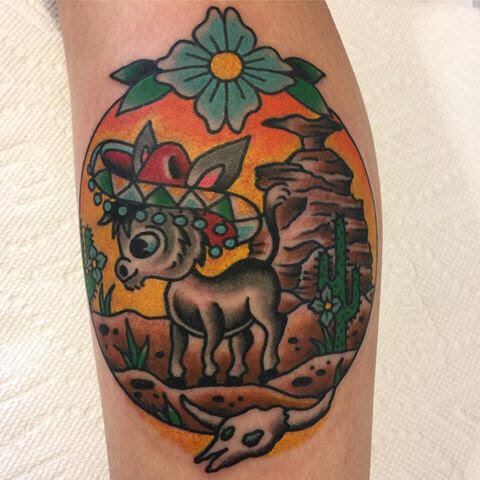 Donkey tattoo in bold color by Bill Conner at Southern Star Tattoo in Atlanta, Georgia