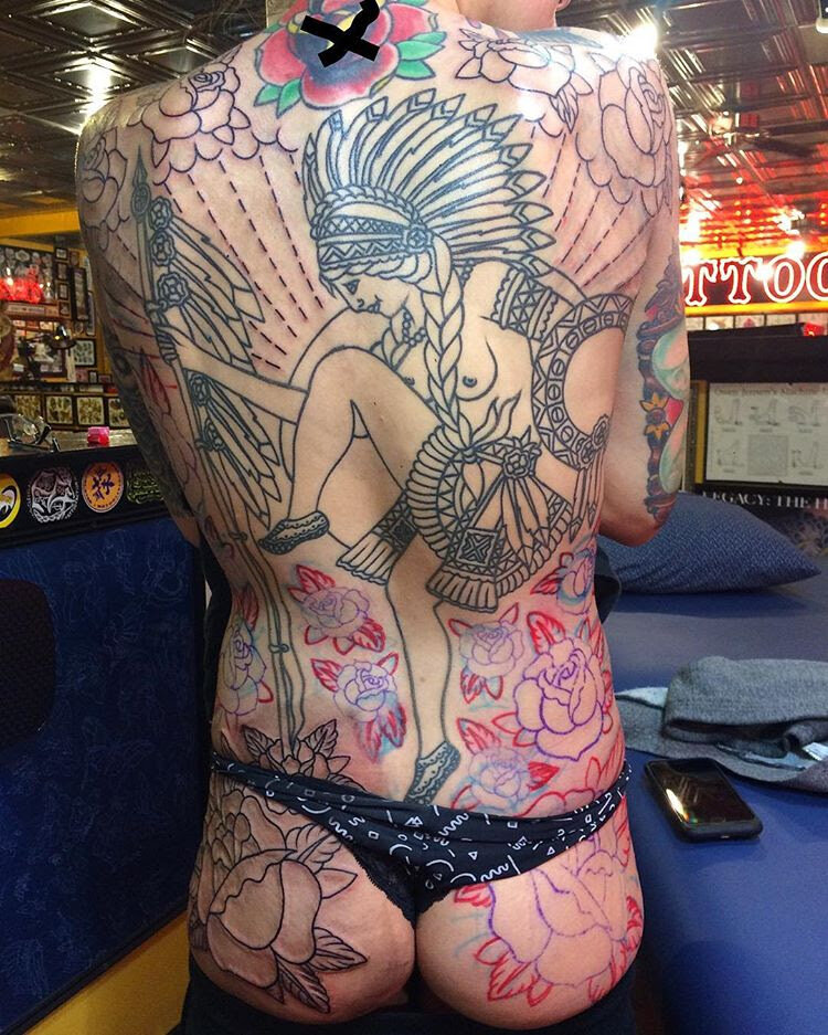 Back tattoo outlined ready for color by Demian Bouchan at Southern Star Tattoo in Atlanta, Georgia