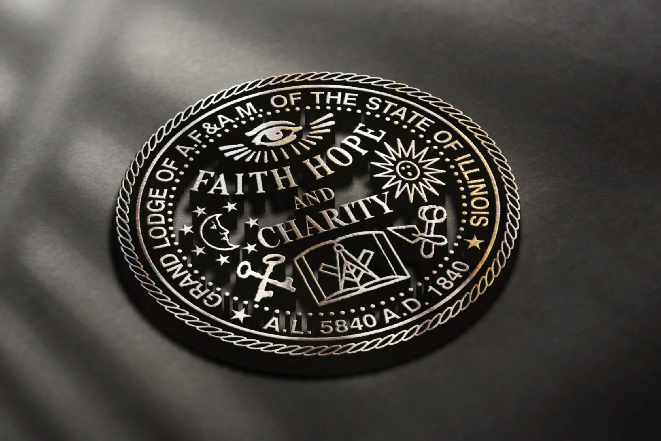 A seal reading “Grand Lodge of A.F. & A.M. of the State of Illinois”, “Faith, Hope and Charity”, and “A.L. 5840 A.D. 1840)