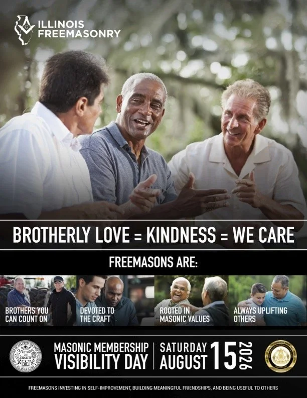 A flyer depicting three men conversing with information about Masonic Membership Visibility Day 2026, including the theme of Brotherly Love = Kindness = We Care