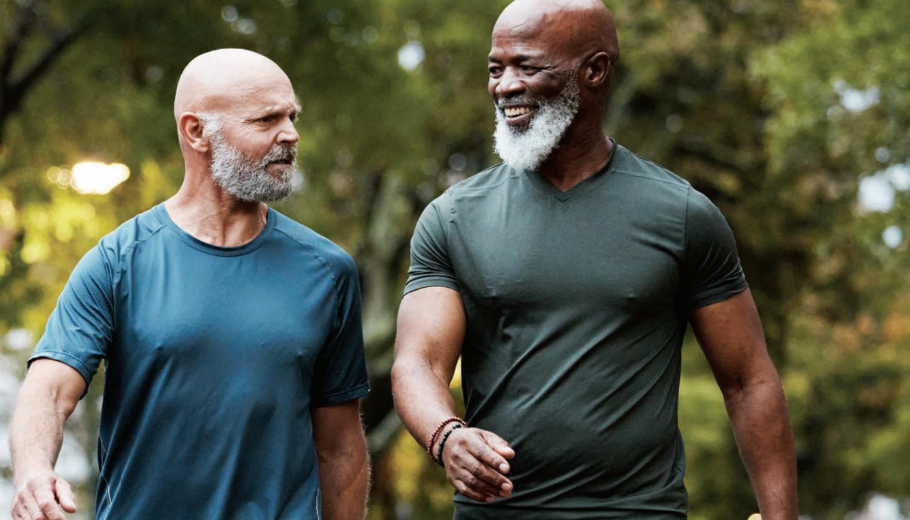 Two men on a walk outside