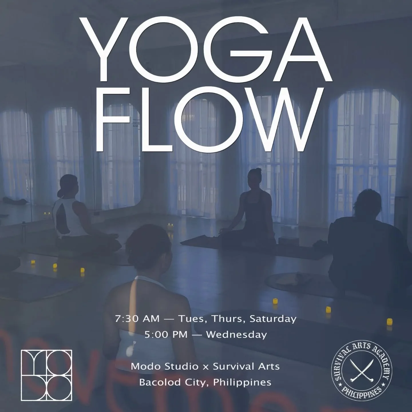 Yoga Flow 🔹 Back to the Breath 

Tuesday, Thursday, Saturday 7:30am
Wednesday 5:00pm 
Bacolod City 🪷 

One hour vinyasa flow with Teacher Jamie. All levels. Only for the month of May. Sign up at Modo Studio. @movewithmodo&nbsp;

🔹

#SurvivalArts #