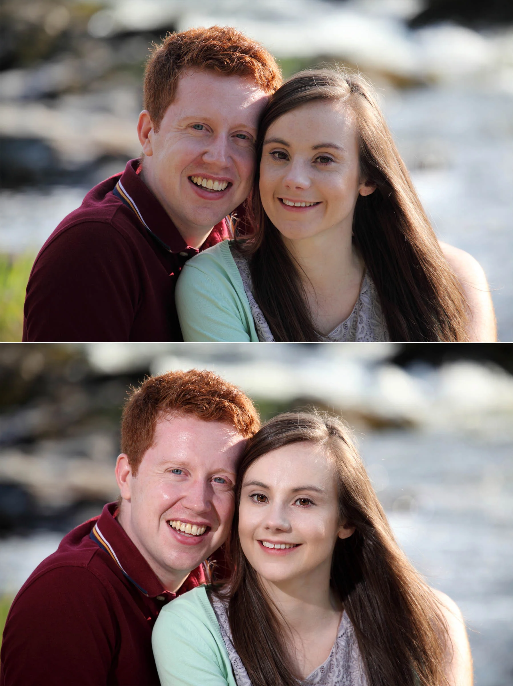 The top image was taken in natural light whereas the lower image made use of off camera lighting positioned fairly close to the heads at a 45 degree angle which enables me to sculpt the faces with the light, smoothing out the skin tones and making the faces appear a touch slimmer so not only is it a more striking photo but also more flattering! Notice, too, how a nice catch light is created in the eyes (bottom picture) making them stand out which has not been achieved with natural light only.