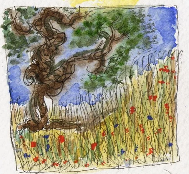 A watercolor painting of a tree with a twisted trunk in a field of wildflowers, under a partly cloudy sky.