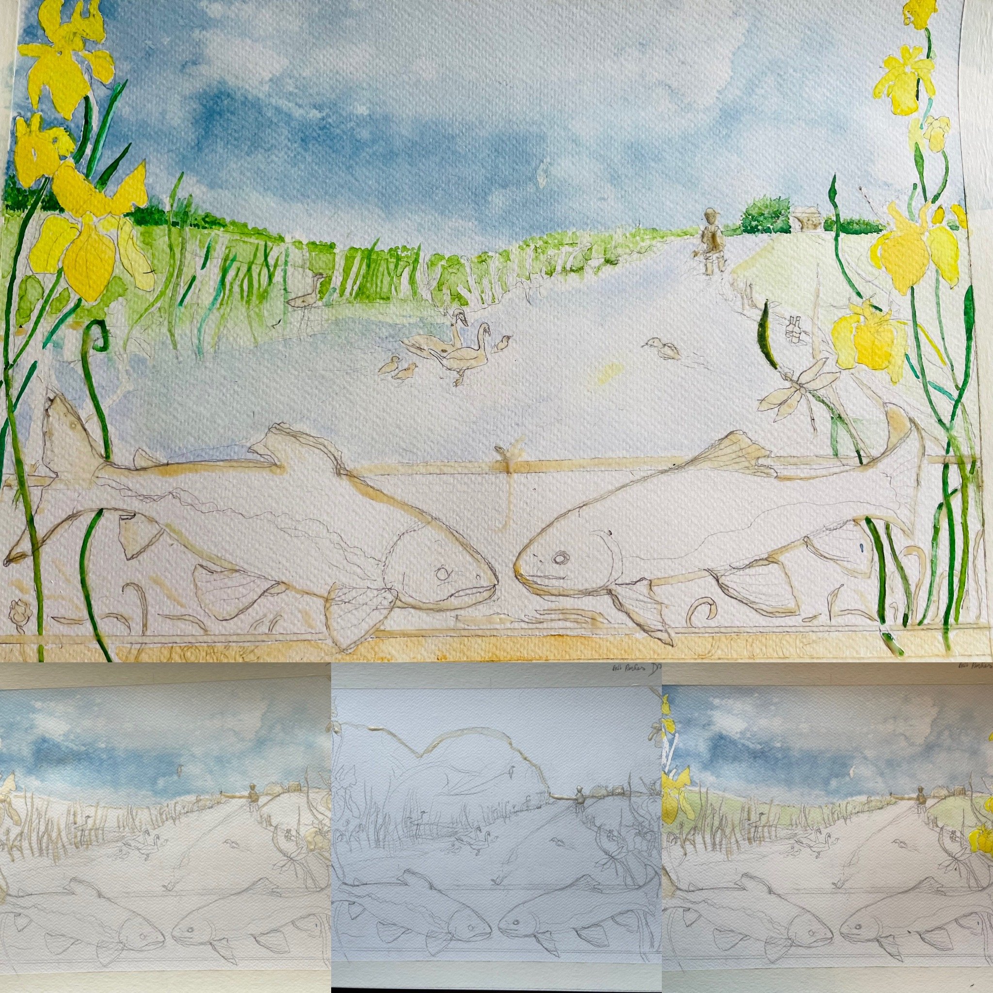 Sketches for a watercolour painting of trout 
