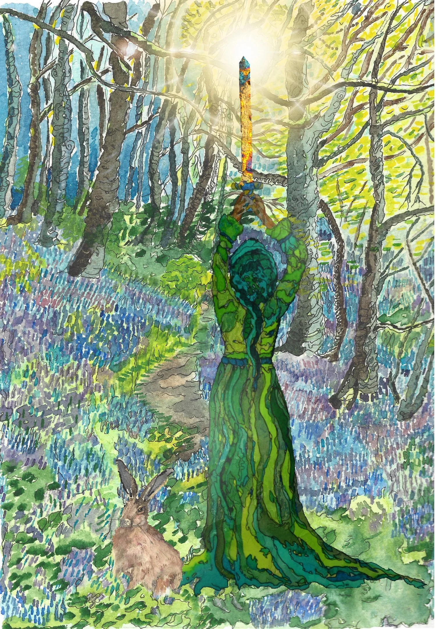 A colorful watercolor illustration of a forest scene with a person dressed as the Earth holding a sword aloft, sunlight shining behind the sword, and a hare sitting on the ground in front of them.