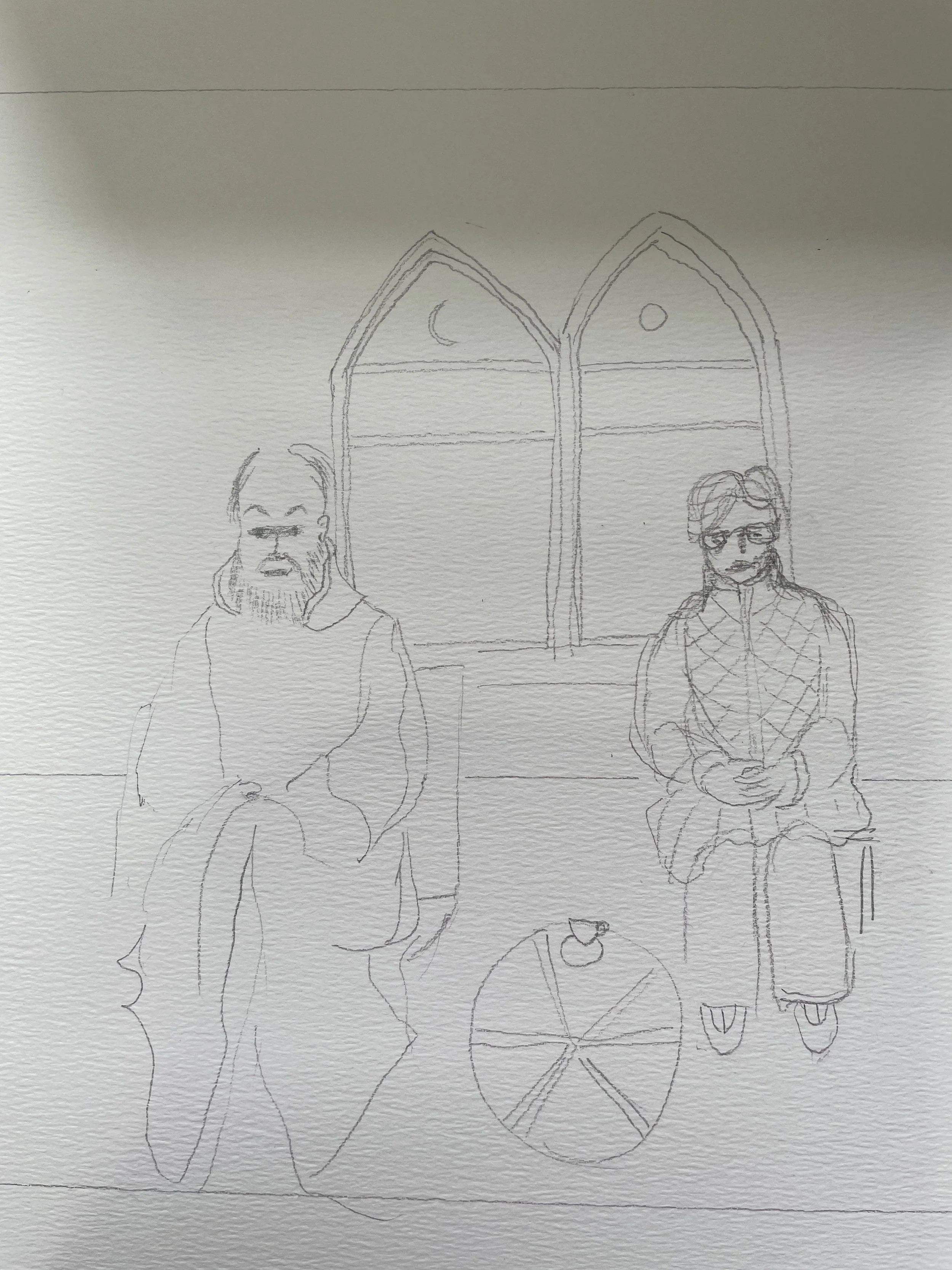 Angela & Father Justin - pencil sketch for watercolour
