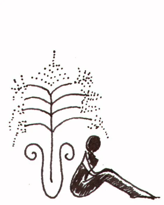 A simple black ink drawing of a woman sitting with her knees extended, facing to the right, with a large plant or tree with multiple branches and leaves behind her.