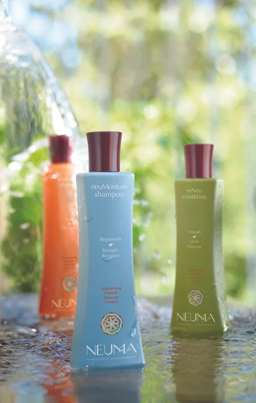 Neuma "ZERO synthetic fragrance, sulfates, parabens, 1,4-dioxane, phthalates, glutens, neurotoxins, aluminum compounds, glycols, formaldehyde donors, ureas, carcinogens and environmental pollutants – simply a genuine, sustainable brand." Renewable, beneficial plant-based colour safe ingredients, Certified Organic Extracts, 95% post consumer recycled bottles, 100% certified wind power, 100% recycled fiber containers, no animal testing and vegan."
