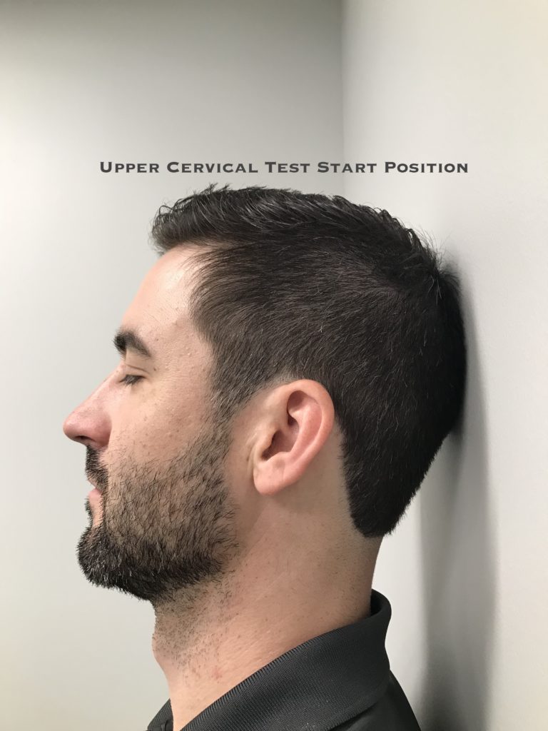 Upper neck test start position. Keep heels, back and shoulders touching the wall.