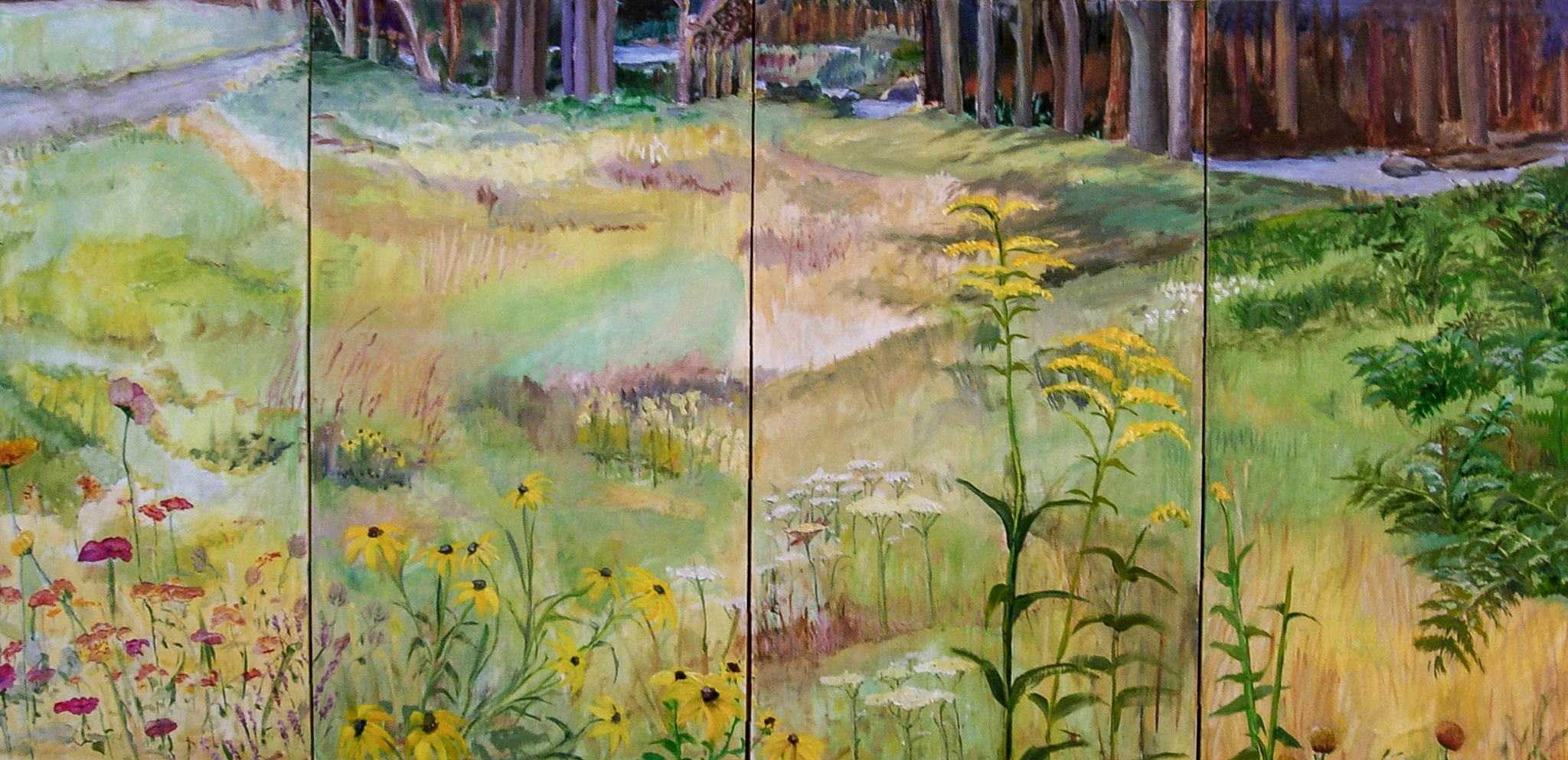   Wildflowers: On Coming to a River  oil/silk folding-screen 36 x 72" 